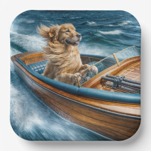 Golden Retriever met een oude houten boot Papieren Bordje