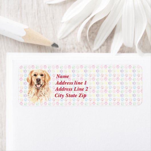 Golden retriever met kleurrijke verf in achterzijd etiket (Insitu)