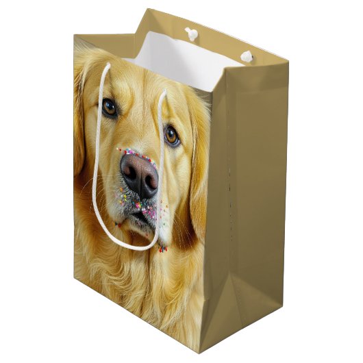 Golden Retriever met verjaardagstaart Sprinkles Medium Cadeauzakje (Voorkant Gekanteld)