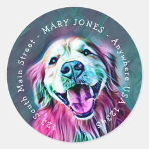 Golden Retriever Neon Colors Aangepast adres Ronde Sticker