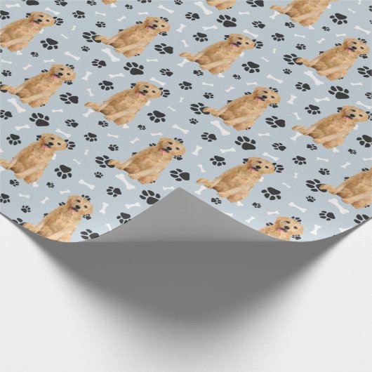 Golden Retriever Paw Print Pattern op Silver Blue Cadeaupapier (Hoek)