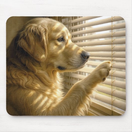 Golden Retriever Peeking Through Sunlit Blinds Muismat (Voorkant)