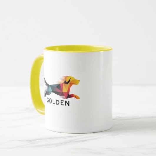 Golden retriever poligonal en amarillo y azul mok (Voorkant links)