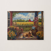 Golden Retriever Porch Sunflowers USA Flag Legpuzzel (Horizontaal)