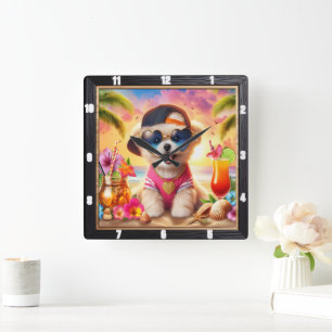 Golden Retriever Puppy Beach Tijd Vierkante Klok