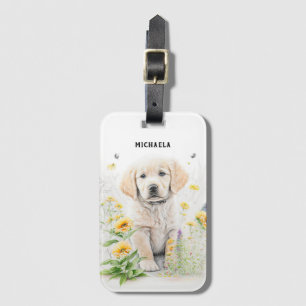 Golden Retriever Puppy en Florals Monogram Naam Bagagelabel