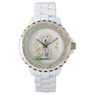 Golden Retriever Puppy en florals monogram naam Horloge