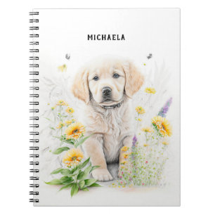 Golden Retriever Puppy en Florals Monogram Naam Notitieboek