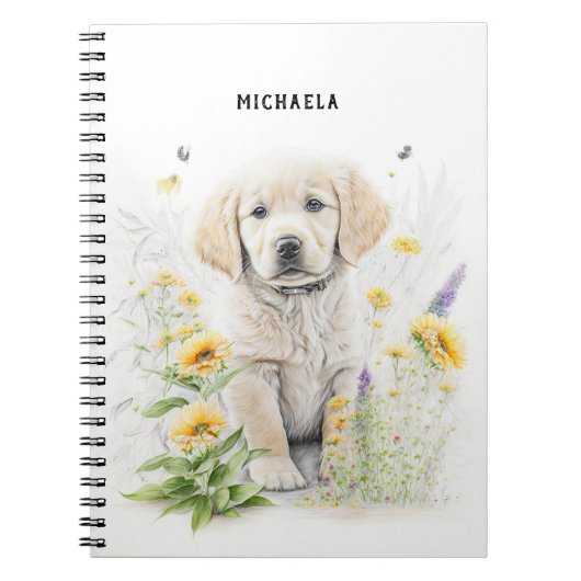 Golden Retriever Puppy en Florals Monogram Naam Notitieboek (Voorkant)