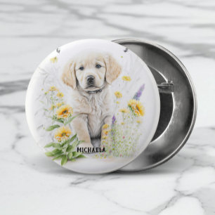 Golden Retriever Puppy en Florals Monogram Naam Ronde Button 3,2 Cm
