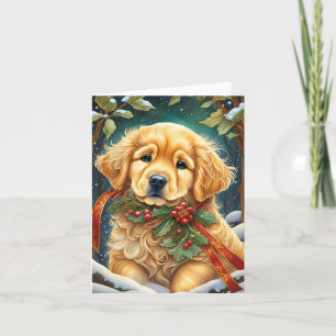 Golden Retriever Puppy Feestelijke Holly Feestdagen Kaart