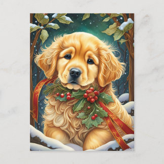 Golden Retriever Puppy Feestelijke Holly Feestdagenkaart