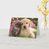 Golden Retriever Puppy Hond & Kitten Liefde Kaart (Gele Bloem)