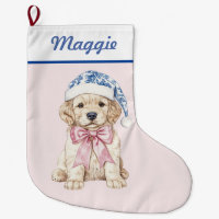 Golden Retriever Puppy in Blue Damask Santa Hat