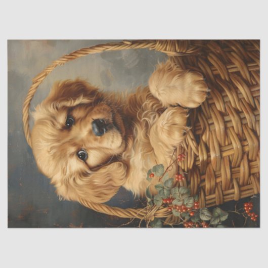 Golden Retriever Puppy in een mand Decoupage Tissuepapier (Voorkant)