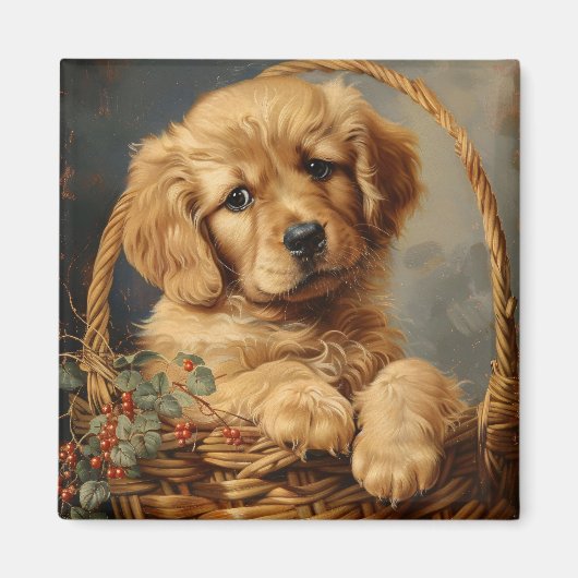 Golden Retriever Puppy in een mand Magneet (Voorkant)