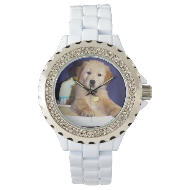 Golden Retriever Puppy in Highstoel Horloge (Voorkant)
