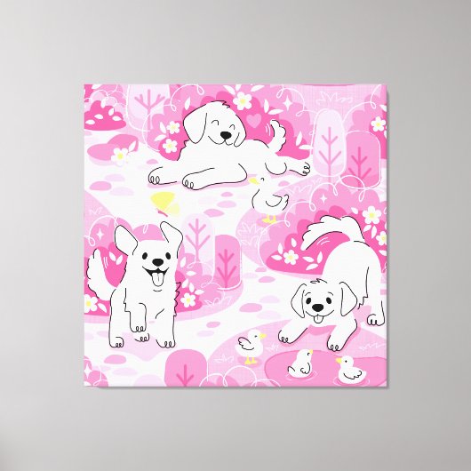Golden Retriever Puppy in Pink Garden Canvas Afdruk (Voorkant)