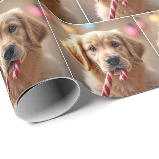 Golden Retriever Puppy With a Candy Cane Cadeaupapier (Rol Hoek)
