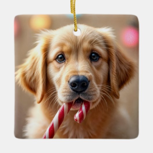 Golden Retriever Puppy With a Candy Cane Keramisch Ornament (Voorkant)