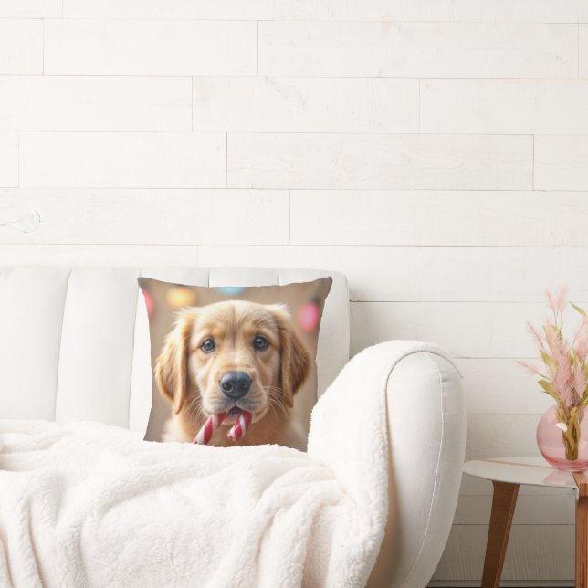 Golden Retriever Puppy With a Candy Cane Kussen (Bank)