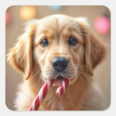 Golden Retriever Puppy With a Candy Cane Vierkante Sticker (Voorkant)