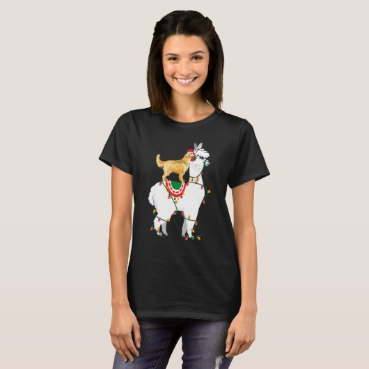 Golden Retriever Riding Llama Lights T-shirt (Voorkant volledig)