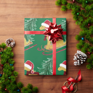 Golden Retriever Riding Xmas Tree Sled Green Cadeaupapier