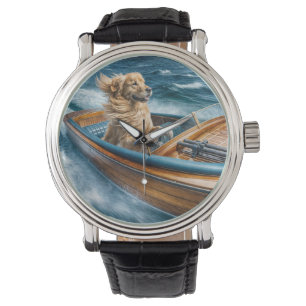 Golden Retriever Rijden met een houten boot Horloge