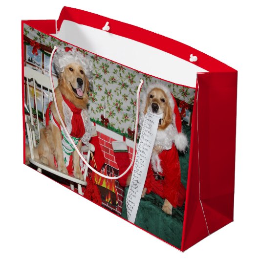 Golden Retriever Santa en Mrs Claus Large Cadeauzakje (Achterkant Gekanteld)