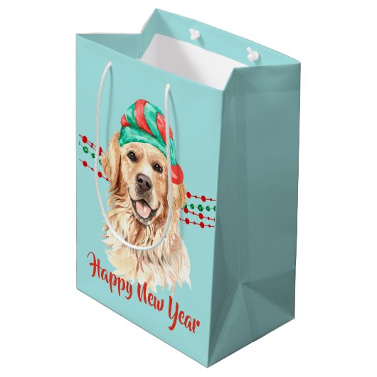 Golden Retriever Santa Hat Holiday String Beads Medium Cadeauzakje (Achterkant Gekanteld)
