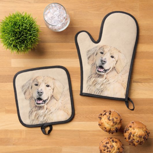 Golden Retriever schilderij Schattigee originele h Ovenwant & Pannenlap Set (Top down)