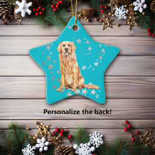 Golden Retriever Silver Stars Blauwgroen kerst Keramisch Ornament