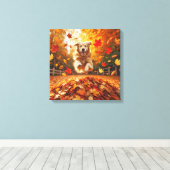 Golden Retriever springen in bladstapel Canvas Afdruk (Insitu (Houten vloer))