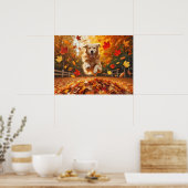 Golden Retriever springen in bladstapel Poster (Keuken)