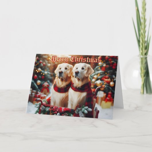 Golden Retrievers in Elegant Sled Christmas Kaart (Voorkant)