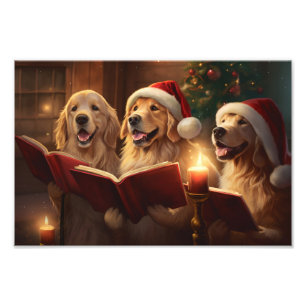 Golden Retrievers Kerstmis Caroling Vakantie Foto Afdruk