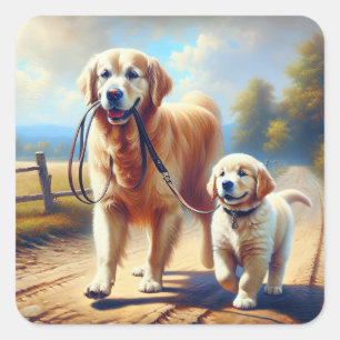 Golden Retrievers uit voor een wandeling Vierkante Sticker