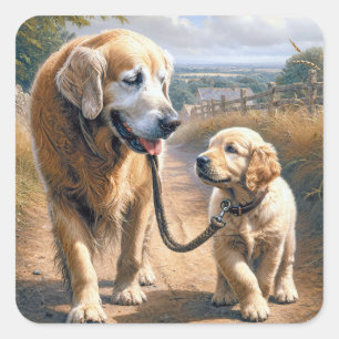 Golden Retrievers Wandelend over een Landelijke We Vierkante Sticker