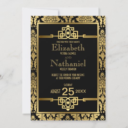 Golden Romance 1920 Art Déco Faire-part de mariage (Devant)