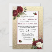 Golden Romantic Burgundy Floral Wedding Invite Kaart (Voorkant)