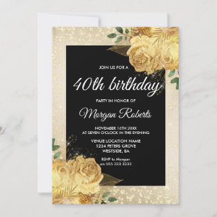 Golden Roos Glitter Floral 40th Birthday Party Kaart
