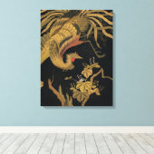 Golden Rooster Bird Japans Classic Antiek Canvas Afdruk (Insitu (Houten vloer))