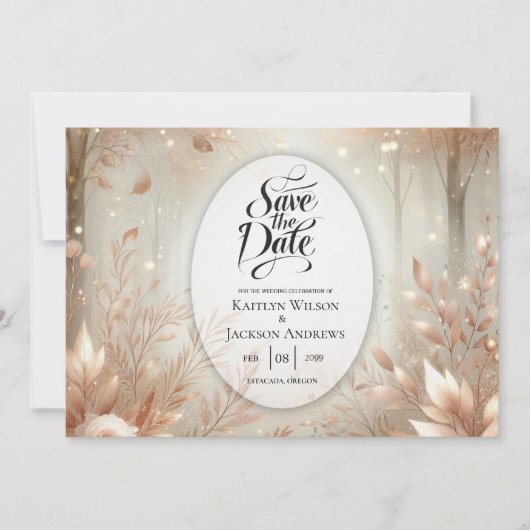 Golden Rosewood Enchanted Forest Wedding Save The Date (Voorkant)