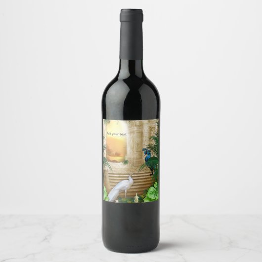 Golden Royal Peacock Temple Trouwdromen Wijn Etiket (Voorkant)