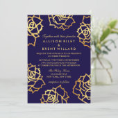 Golden Rozen bruiloft uitnodiging - Blauw (Staand voorkant)