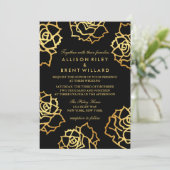 Golden Rozen bruiloft uitnodiging - Zwart (Staand voorkant)