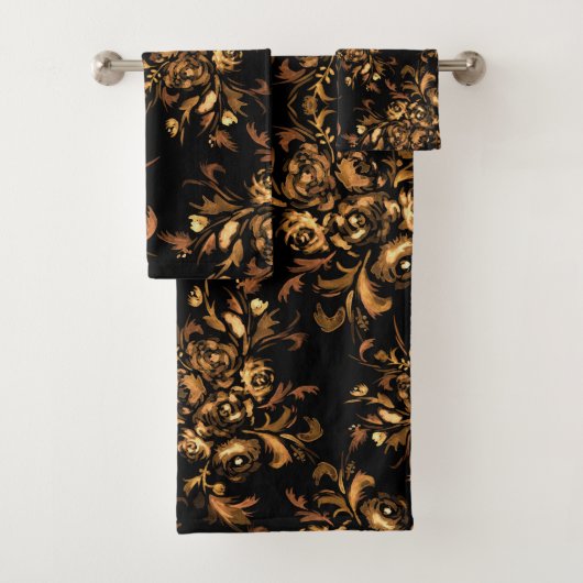 Golden Rozen op Black Floral Pattern Bad Handdoek (Insitu)