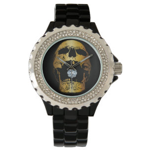 Golden Screaming Skull Diamond Gold Skull Horloge