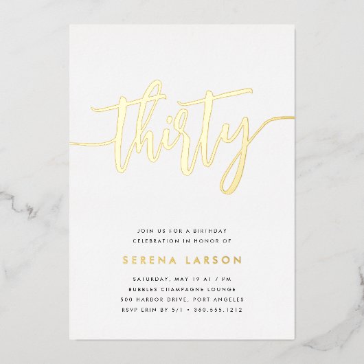 Golden Script 30th Birthday Party Folie Uitnodiging (Voorkant)